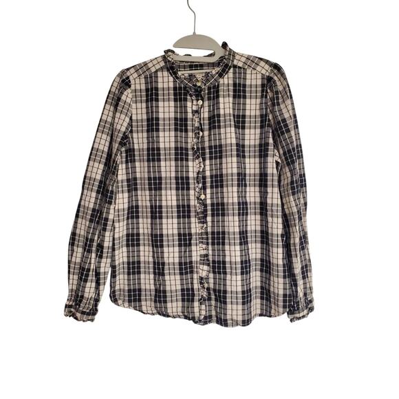 Women's LOFT Black & White Plaid Button Down Blouse w/ Ruffle Trim | Size Small - Picture 1 of 8